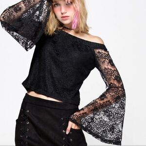 Black Lace Off Shoulder Bell Sleeve Lined Top NEW